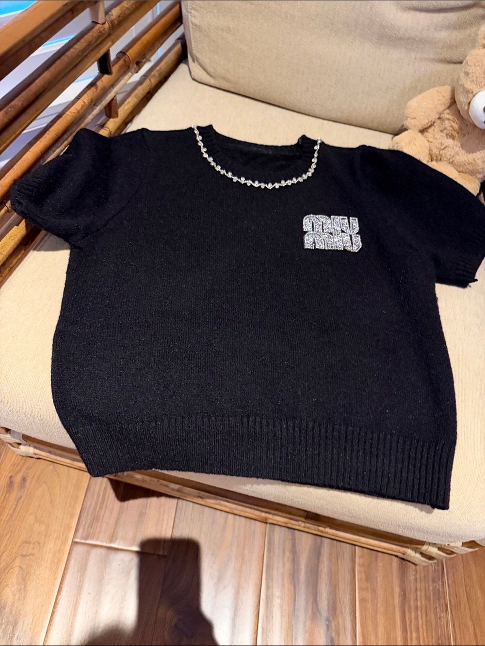 Affordable Fashion Finds Black Short-Sleeve Crew Sweater with Rhinestone Logo